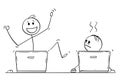 Cartoon of Two Men or Businessmen Working on Laptop Computers. First One is Celebrating Success, Second One is Depressed Royalty Free Stock Photo