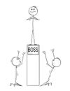 Cartoon of Two Men or Businessmen Worshiping Boss on Pedestal