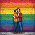 Cartoon Two Men Hugging On A Rainbow Wall Background Royalty Free Stock Photo