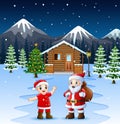 Cartoon two Santa in front of a snowy wooden house and holding a sack containing a present