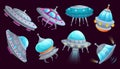 Cartoon ufo spaceship. Alien spacecraft futuristic vehicle, space invaders ship and flying saucer isolated vector set Royalty Free Stock Photo