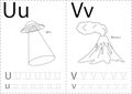 Cartoon UFO and volkano. Alphabet tracing worksheet: writing A-Z and educational game for kids