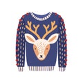 Cartoon ugly Christmas sweater with deer head image isolated on white background. Knitted winter warm clothes with wild