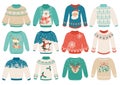 Cartoon ugly sweaters. Warm winter clothes with ornaments, santa, penguin, white bear. Christmas holiday knitted sweater Royalty Free Stock Photo