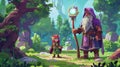 The cartoon UI of a game shows a wise older man wearing a purple hood with a long grey beard holding a wood staff