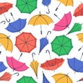 Cartoon umbrella seamless pattern. Open, close and folded umbrellas, colorful rainy seasonal parasols flat vector background