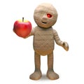 Cartoon undead mummy monster wants to eat an apple, 3d illustration