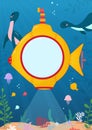 Cartoon underwater background with yellow submarine and dinosaurs. Flat style under the sea Vector illustration