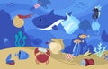 Cartoon underwater garbadge. Sea marine wildlife polluted with plastic waste, ocean animals with plastic straws and bags Royalty Free Stock Photo