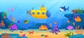 Cartoon underwater submarine. Marine under water boat in deep ocean world, funny bathyscaphe exploration of sea bottom Royalty Free Stock Photo