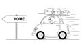 Cartoon Of Unhappy Or Angry Man Going Back Or Returning In Small Car From Holiday Or Vacation. Arrow Sign With Home Text