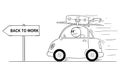 Cartoon of Unhappy or Angry Man Going Back or Returning in Small Car From Holiday or Vacation. Arrow Sign With Return to
