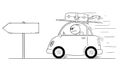 Cartoon of Unhappy or Angry Man Going Back or Returning in Small Car From Holiday or Vacation. Empty Arrow Sign for Your