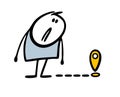 Cartoon unhappy, confused stickman looks at the dotted line and the location sign. Vector illustration funny character