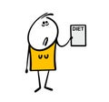 Cartoon unhappy exhausted woman holds and shows a piece of paper with the rules of a diet for weight loss. Vector