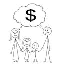 Cartoon of Unhappy Family, Couple of Man and Woman and Two Children With Dollar as Money Symbol