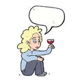 cartoon unhappy woman with glass of wine with speech bubble