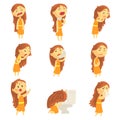 Cartoon unhappy woman suffering from pain with symptoms of diseases in various pose, set of colorful detailed vector