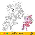 Cartoon unicorn ballerina in dress coloring book page vector