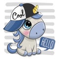 Cartoon Unicorn with a blue cap on striped background Royalty Free Stock Photo