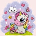 Cartoon Unicorn with cupcake on the meadow