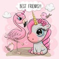 Cartoon Unicorn and flamingo on a pink background