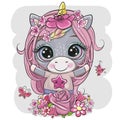Cartoon Unicorn with flowers on a gray background Royalty Free Stock Photo