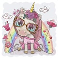 Cartoon Unicorn Girl with flowers on a gray background Royalty Free Stock Photo