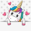 Cartoon Unicorn is holding a placard on a stars background Royalty Free Stock Photo
