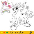 Cartoon unicorn jumping on the rainbow coloring vector Royalty Free Stock Photo