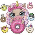 Cartoon Unicorn with long pink hair and donuts