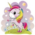 Cartoon Unicorn with a lush rainbow mane on a meadow Royalty Free Stock Photo