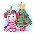 Cartoon Unicorn near the Christmas tree