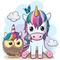 Cartoon Unicorn and owl on a blue background Royalty Free Stock Photo