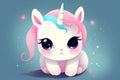 A cartoon unicorn with a pink mane and blue eyes sits on a blue background with stars. AI generation Royalty Free Stock Photo