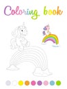 Cartoon unicorn and a rainbow bridge. Cute smiling unicorn coloring book page