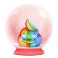 Cartoon unicorn rainbow emoji character in glass snow ball Royalty Free Stock Photo