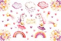 Cartoon unicorn set. watercolor for decoration design. Funny pink animal princess collection. Princess rainbow poster.