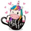 Cartoon Unicorn is sitting in a Cup of coffee