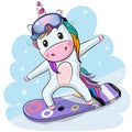 Cartoon Unicorn on a snowboard on a blue background Royalty Free Stock Photo