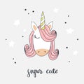 Cartoon unicorn with stars and inscription Super cute. Vector illustration.