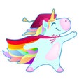 Cartoon unicorn in student graduation hat and rainbow cloak