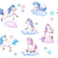 Cartoon unicorns on the clouds and a rainbow, Hot air balloon Childish Seamless pattern. Baby party, baby shower. Watercolor Royalty Free Stock Photo