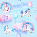 Cartoon unicorns on the clouds and a rainbow. Kids Seamless pattern. Baby party, baby shower. Watercolor Royalty Free Stock Photo