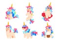 Cartoon unicorns. Cute magic unicorn set. Fantasy baby horse adorable honey vector animals