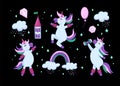 Cartoon unicorns are doing sports, jumping and having fun. Children's clothing print design. Vector children's