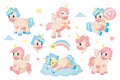 Cartoon unicorns. Fairy tale little animals in sky, play and sleep on clouds and rainbow. Funny ponies and Pegasus with Royalty Free Stock Photo