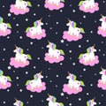 Cartoon unicorns on pink clouds seamless pattern. Fairytale pony child characters dark blue vector background.