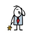 Cartoon unlucky man in a business suit and tie with a flower in his hand was late for a date.