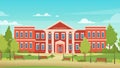 Cartoon urban cityscape with college campus facade or academy for students, entrance to library, high school or
